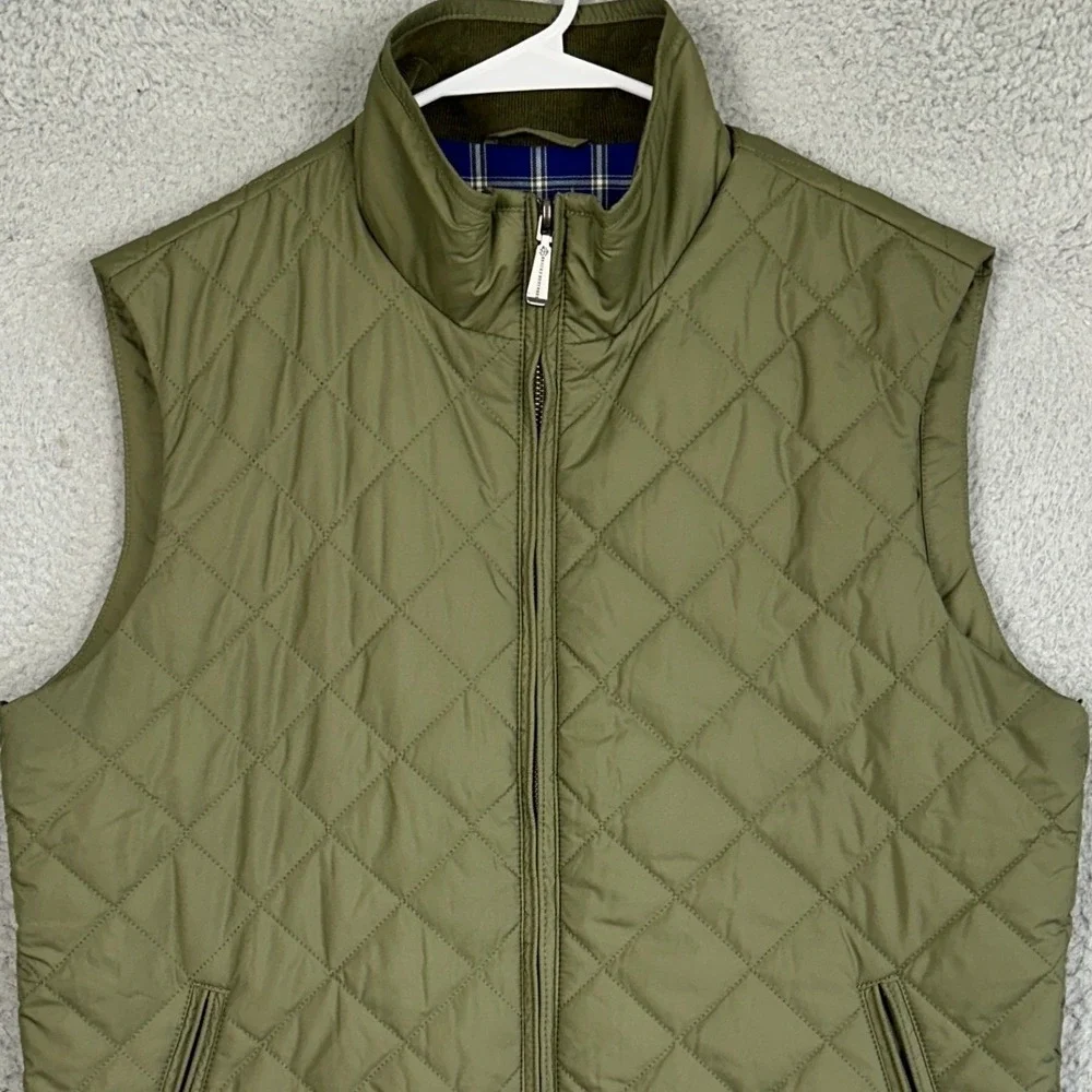 Brooks Brothers Vest Mens Medium Olive Green Quilted Vest Full Zip Plaid Lining